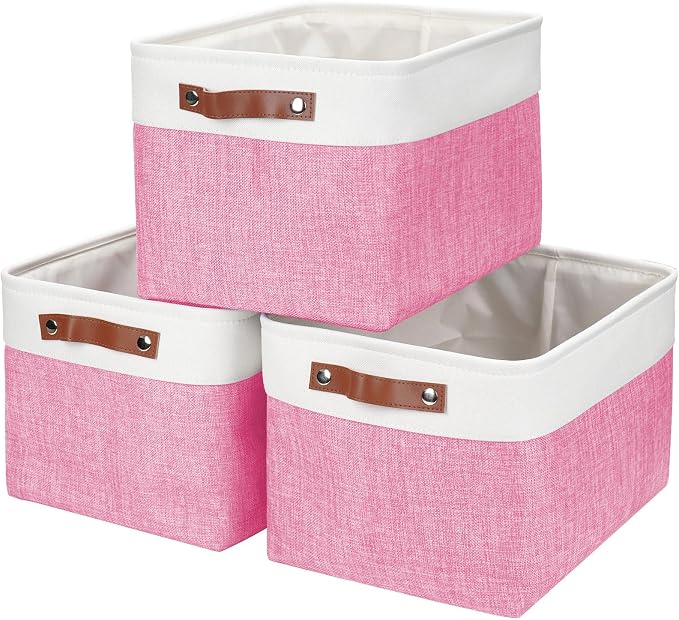 Storage Bins Large Fabric Storage Baskets for Shelves 3 Pack, Decorative Linen Closet Baskets with Handles for Organizing, Shelf, Clothes, Home, Office, 15x11x9.5Inches (Pink&White)