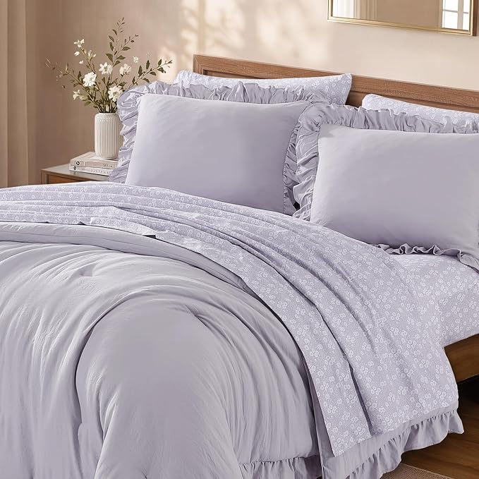 Full Size Comforter Sets-7 Pieces Ruffle Bedding Floral Sheet | Lilac Bed in a Bag, Soft Lightweight All Season Farmhouse Full Size Bedding Sets with Floral Sheets, Pillowcases & Shams