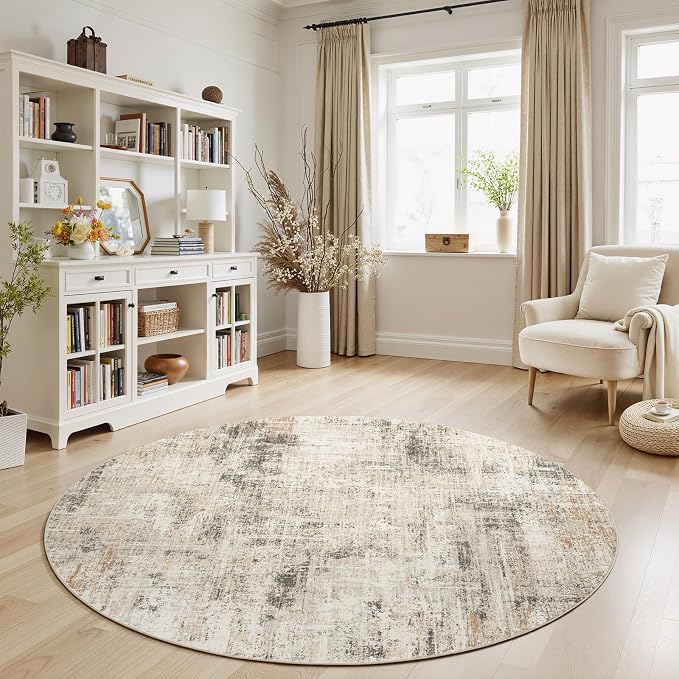 6ft Area Rug for Living Room, Abstract Washable Non-Slip Large Rugs, Gold | Soft Neutral Carpet for Bedroom, Dining Room, Home Office Nursery Indoor, Stain Resistant, Low Pile, Foldable Modern Rug