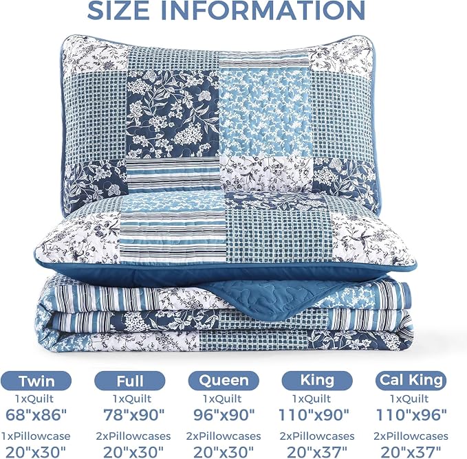 Mybedsoul Navy Blue Quilts Set Queen Size, Patchwork Floral Bedding Set | Soft Lightweight Microfiber Reversible Coverlet Set, 3 Pieces Plaid Bedspread, Bed Sets for All Seasons 96"x90"