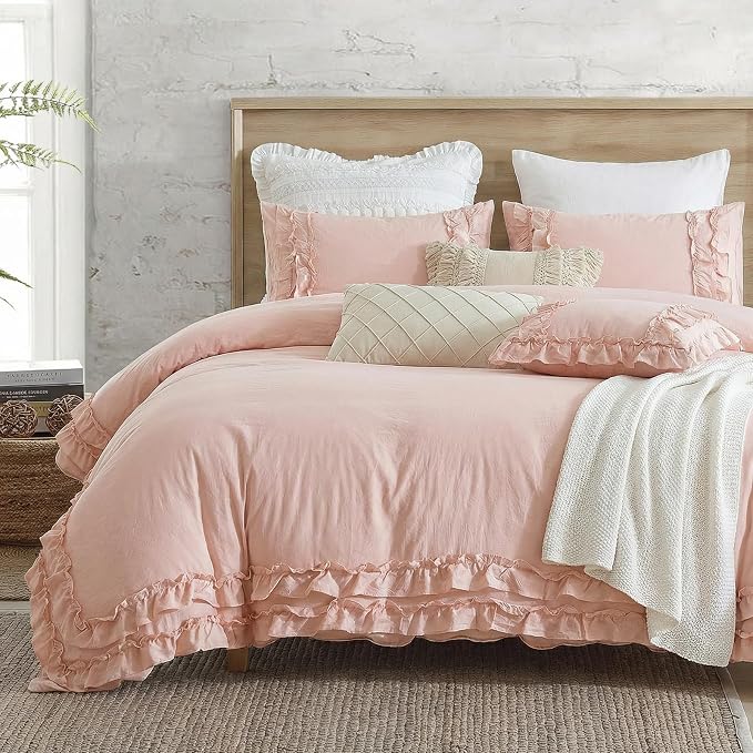 Pink Ruffled Duvet Cover Girls Coquette Bedding Set Cute Lace Fringe Ruffle Bedding Shabby Chic Farmhouse Style Super Soft Cozy Elegant Cover Cover Set Queen Size