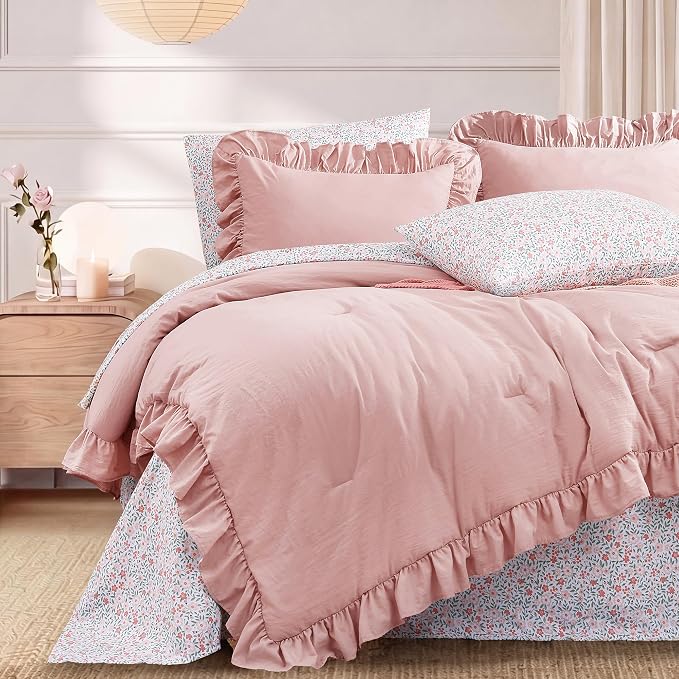 Queen Comforter Set-7 Pieces Ruffle Bedding with Floral Sheet | Soft Pink Bed in a Bag, Soft Lightweight All Season Farmhouse Queen Bedding Sets with Floral Sheets, Pillowcases & Shams