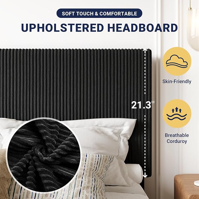 Allewie King Bed Frame, Adjustable Corduroy Headboard, Platform, Black | Adjustable Headboard, Corduroy Fabric, Low Profile, Wooden Slats, 1000 lb Capacity, No Box Spring Needed
