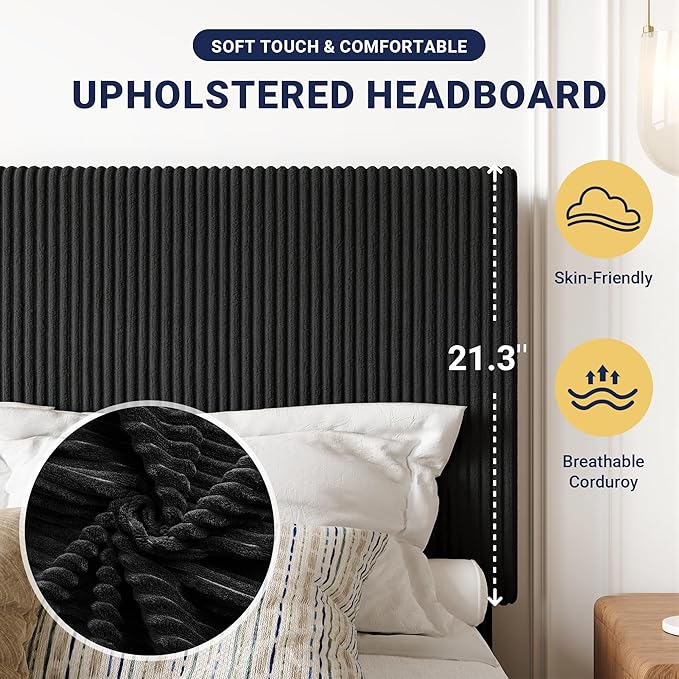 Allewie Queen Bed Frame, Adjustable Corduroy Headboard, Platform, Black | Adjustable Headboard, Corduroy Fabric, Low Profile, Wooden Slats, 900 lb Capacity, No Box Spring Needed