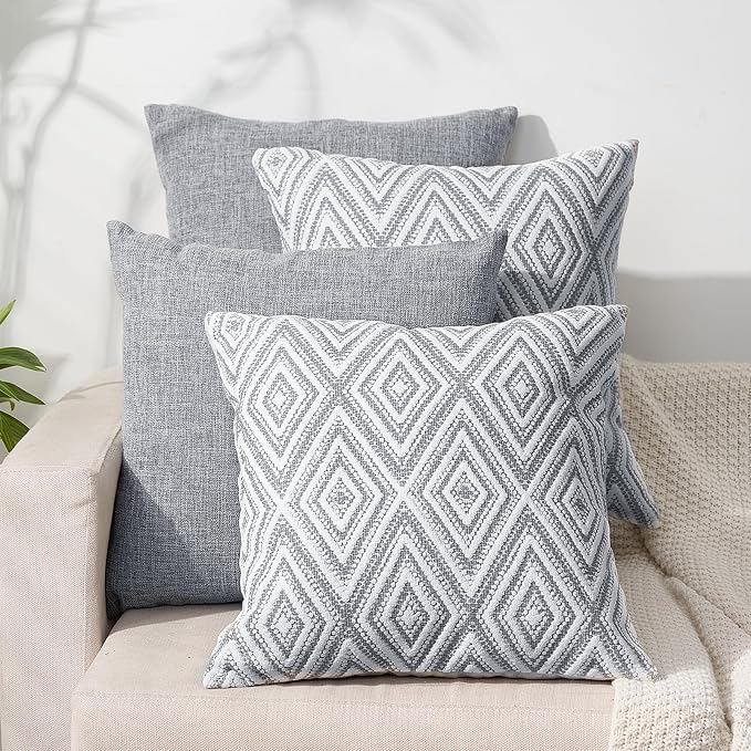 HPUK Throw Pillow Covers 18x18, Set of 4, Grey Textured Couch Pillow Covers | Polyester fabric, patterned and solid designs, hidden zippers, machine washable, for sofas and beds, inserts not included