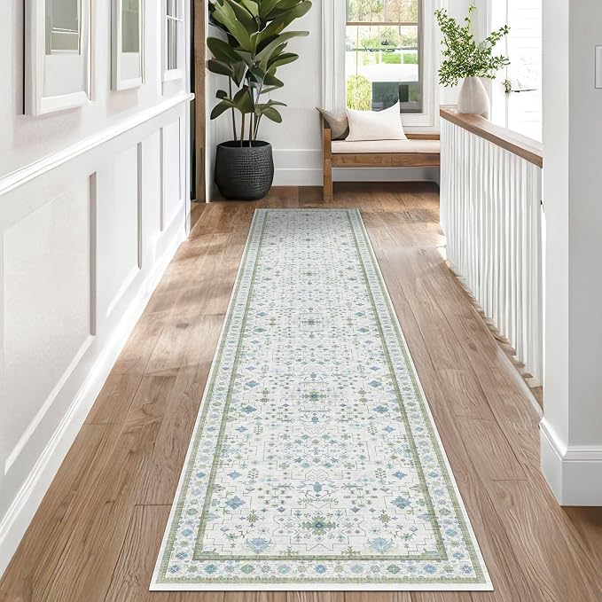 Washable Oushak 2x8 Bathroom Runner Rug - Vintage Turkish Floral 8ft Long Low Pile Non Slip Runners for Kitchen, Hallway - Cream Blue and Green