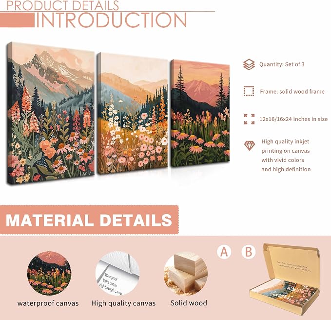 Framed Wildflower Mountain Landscape Wall Art Set of 3, Colorful Floral Wall Decor, Boho Sunset Landscape Canvas Artwork, Earth Tone Botanical Poster Prints for Living Room Bedroom 12x16 Inch