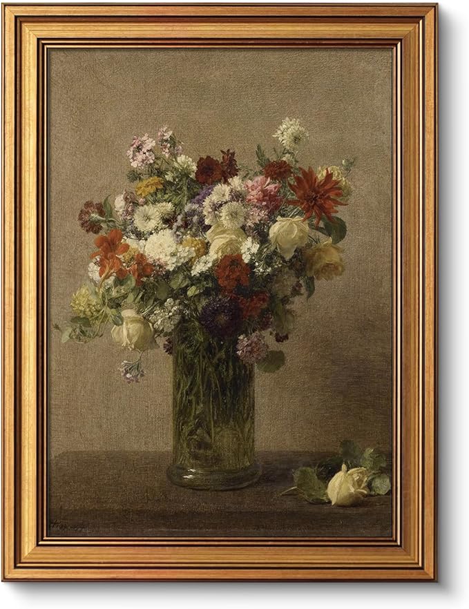 VIYYIEA Vintage Gold Framed Wall Art for Living Room, Flowers Canvas Prints Home Decor, Oil Painting Picture, Bedroom Wall Decor Gifts for Friends or Family -【A bottle of flowers】-(16L x 12W)