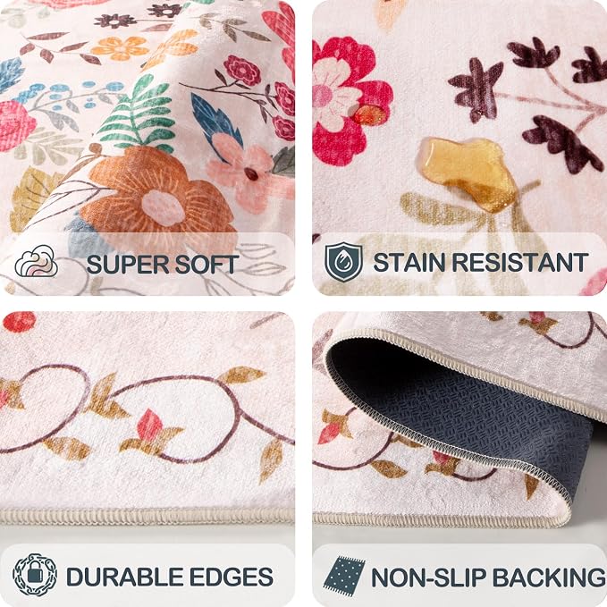 Washable 2' x 6' Runners for Hallways, Non Slip Long Floor Runner for Kitchen, Entryway Indoor, Stain Resistant Rubber Backing Floral Decor Rug (Beige Red)