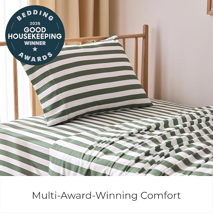 Mellanni Iconic 4-PC, Ultra Soft Sheet Set (Cal King, Oxford Stripe Sage) | 10M+ Sleepers. Lab-tested: Sleeps Cool, Stays Bright, Strong, Smooth. Good Housekeeping Best Bedding, 7 yrs running.