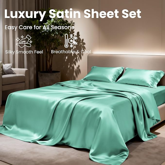 Love's cabin Satin Twin Sheets Set, 3 Piece Aqua Silky Bed Set | Luxury Silk Feel Satin Twin Size Bedding Set with Deep Pocket (1 Flat Sheet,1 Fitted Sheet,1 Pillow case)
