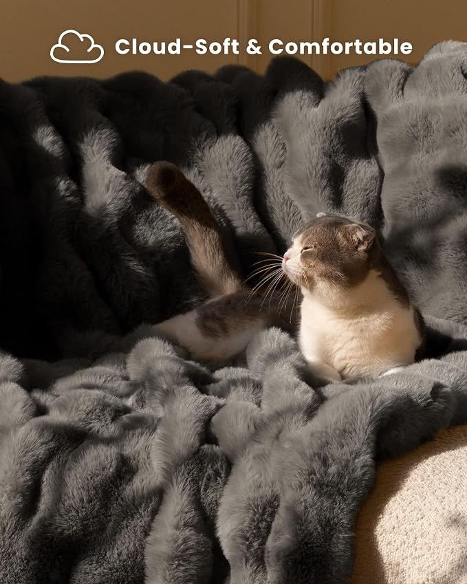 Ultra Soft Cozy Faux Fur Throw Blanket-Fuzzy Plush Thick Bubble Blanket, Fluffy Blanket for Couch, Sofa, Bedroom, and Living Room, 50x60 Inches, Dark Grey Taupe