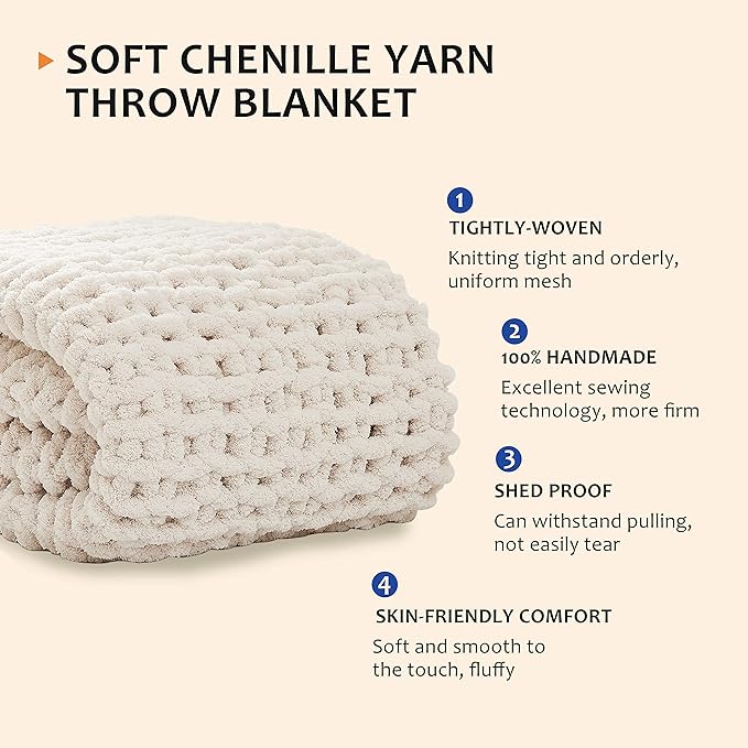 L'AGRATY Chunky Knit Throw Blanket for Couch, 60'' x 80'' Knit Throw, Ivory | Handmade Chenille Crochet Blanket for Sofa Bed, Thick Cable Knitted Blankets for Room Home Decor, Birthday Gift for Women Mom