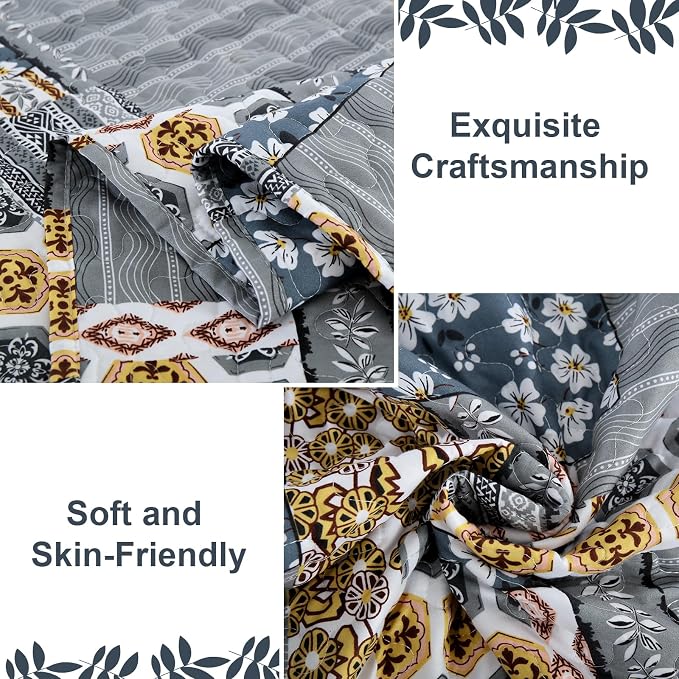 Mybedsoul Boho Quilts Queen Size, Floral Patchwork Bedding Set, Dark Grey | Soft Lightweight Microfiber Coverlet Set, 3 Pieces Plaid Reversible Bedspread, Bed Sets for All Seasons 96"x90"