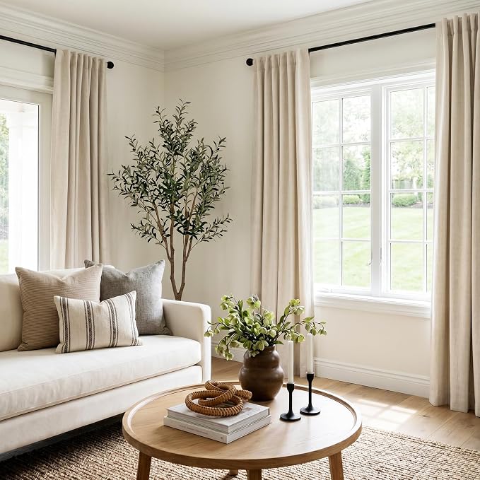 INOVADAY 100% Blackout Linen Curtains for Bedroom 50x108 Inches Oatmeal | Linen Textured, Light Blocking, Room Darkening, Thermal Insulated, Back Tab Top, Window Curtains for Living Room, 2 Panels