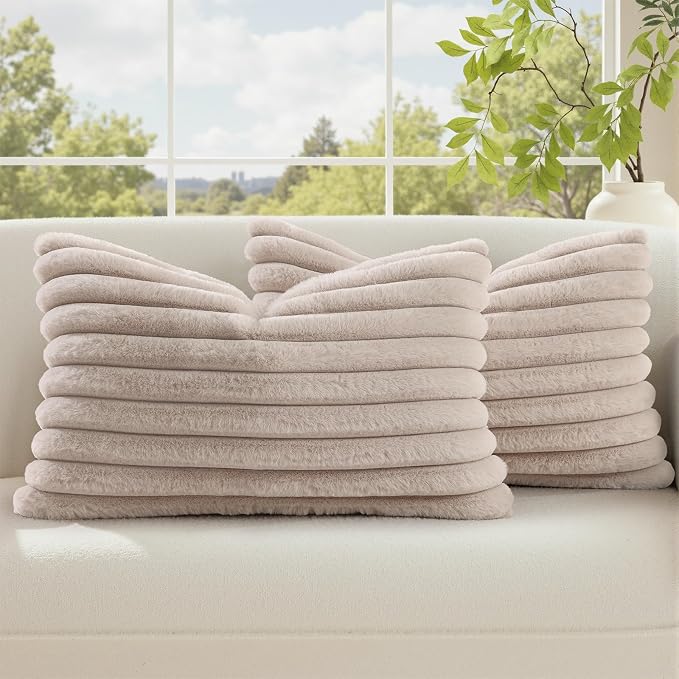 decorUhome Fall Faux Fur Throw Pillow Covers 12x20 Set of 2 Tan | Decorative Soft Cozy Striped Plush Modern Farmhouse Boho Couch Pillow Cases Velvet Back for Sofa Bed Living Room Home Decor