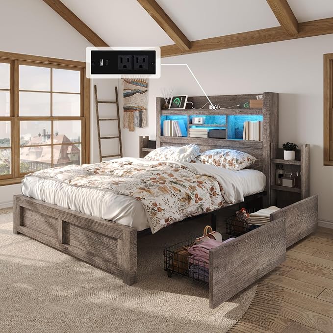 LUXOAK Full Bed Frame with Storage, Bookcase Headboard,Grey | 49.6" Headboard, Wood Platform Bed, Charging Station, Bedside Storage, 4 Storage Drawers, No Box Spring Needed, Farmhouse