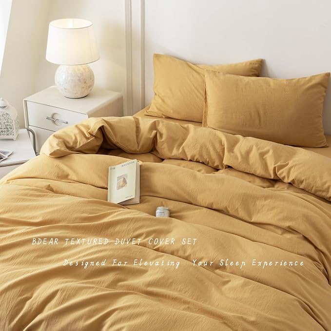 BDEAR 3Pcs Ginger Yellow Duvet Cover Set King Size 104" W x 90" L, Oeko TEX | 100% Washed Cotton, 1 Duvet Cover with 2 Pillowcases, Zipper Closure, 8 Corner Ties,Linen-Liked Texture, Skin Friendly