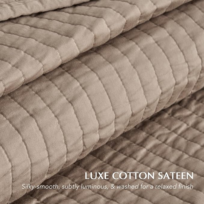 EVERGRACEHOME Cotton Sateen Quilt Set, Queen Size, Stone Taupe | 100% Cotton, Channel Stitch Coverlet Bedspread, Pre-Washed Lightweight Soft Bedding Set for All Season, 3 Piece, with 2 Shams