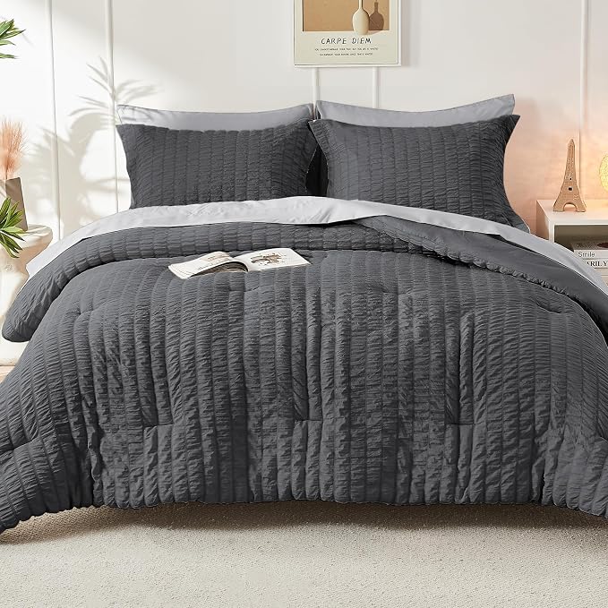HYMOKEGE Dark Grey/Light Grey Oversized King Comforter Set Seersucker 7 Pieces, All Season Luxury Bed in a Bag for Bedroom, Bedding Set with Comforter, Sheets, Pillowcases & Shams