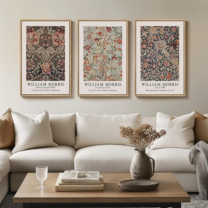 Framed Boho William Morris Floral Canvas Wall Art for Living Room, 3 Piece | Vintage paintings, Rustic farmhouse, Botanical artwork, 16x24 inch, Bedroom, Hallway, Office decor