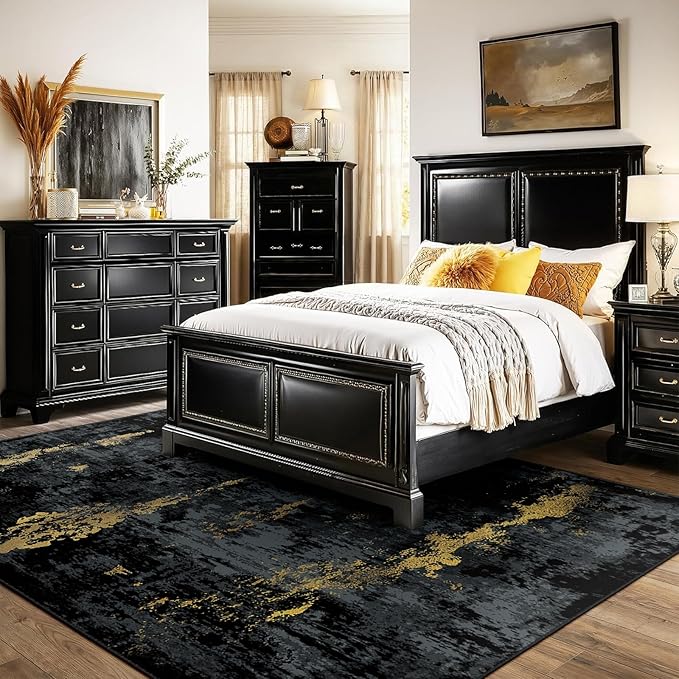 RELEANY Washable 8'x10' Abstract Area Rug for Living Room Black Gold | Carpet for Bedroom, Kitchen, Office, Hallway and Entryway, Printed Pattern, Non‑Slip, Soft, Stain‑Resistant, Easy to Clean