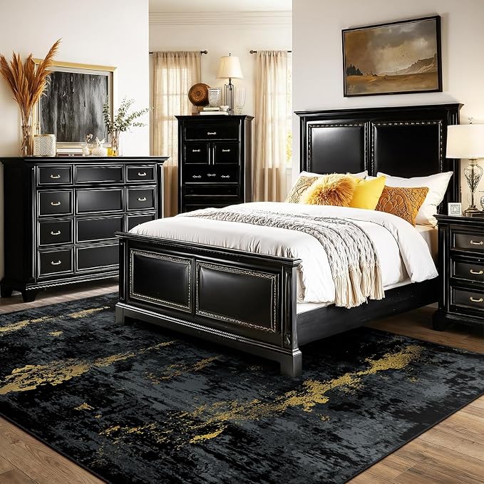 RELEANY Washable 9'x12' Abstract Area Rug for Living Room Black Gold | Carpet for Bedroom, Kitchen, Office, Hallway and Entryway, Printed Pattern, Non‑Slip, Soft, Stain‑Resistant, Easy to Clean