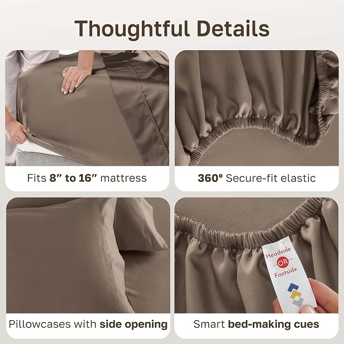 California Design Den Luxury 600 Thread Count Cotton Bed Sheets King Set | 100% Cotton Sateen Backed by Good Housekeeping Seal, Soft & Smooth, 16" Deep Pocket, Easy Care - Mushroom - Taupe Brown