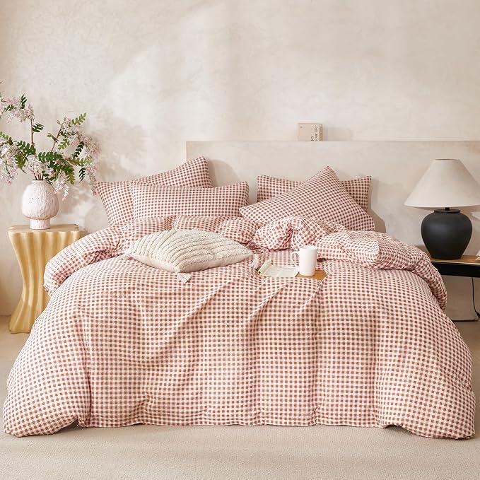 Brown Comforter Set King Soft Luxury Washed Microfiber 3 Pieces Bedding, White Brown Grid Pattern Comforter with 2 Pillowcases Breathable Durable Comfy