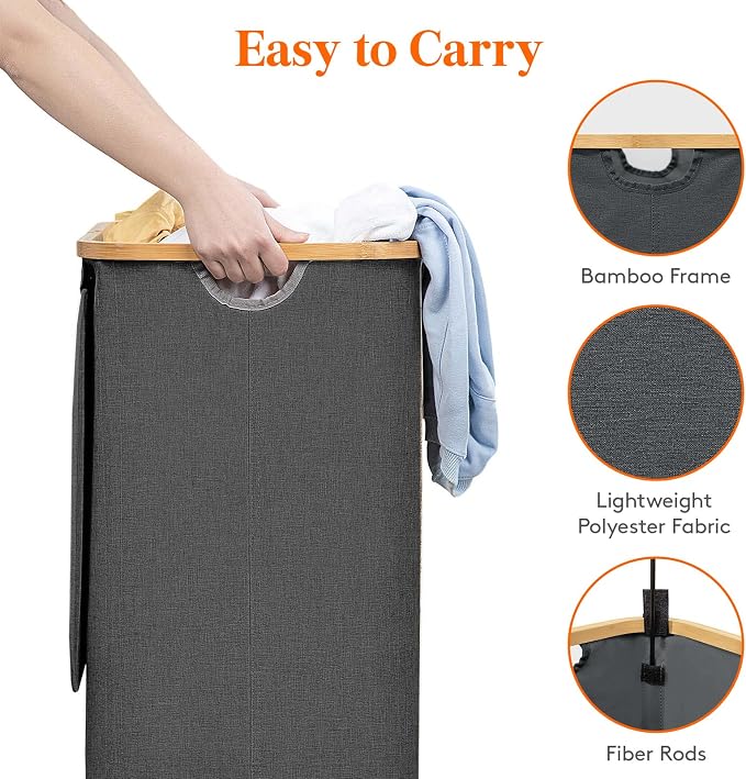 Lifewit 80L Laundry Basket with Lid, Clothes Hampers for Laundry with Bamboo Handles and 1 Removable Bag, Large Foldable Laundry Hamper for Bedroom, Bathroom, Dorm, Laundry Room, Dark Gray