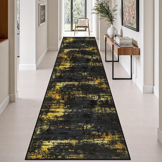 3x14 Washable Runner Rug：Modern Abstract Soft Carpet Black Gold | For Hallway, Bedroom, Kitchen, Laundry, Bathroom,Door Mat,Modern Abstract,Machine washable,Non-Slip,Stain Resistant,Indoor