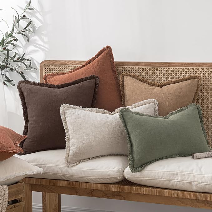 MIULEE Linen Decorative Fall Euro Throw Pillow Covers Dark Brown 26x26 | Set of 2, Cottagecore Decor, Boho Farmhouse Neutral Pillow Covers, Rustic Fall Fringe Couch Cushion for Sofa Bed Living Room