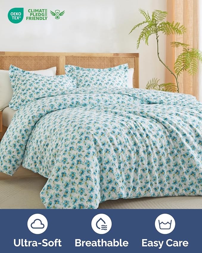 Duvet Cover King Size - Soft Floral Duvet Cover - 3 Piece - Blue Peony | Soft Floral Duvet Cover 104 x 90 with 2 Pillow Shams, Zipper Closures & Ties, Floral Bedding for Women, Men, Kids & Teens