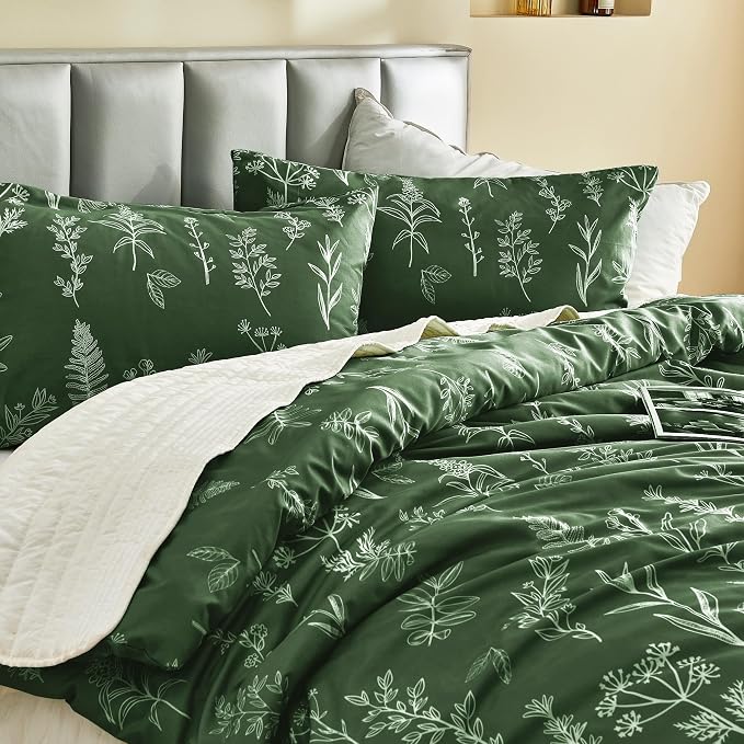 MUXHOMO Duvet Cover Twin/Twin XL Size Set, Reversible Floral Dark Green Duvet Cover with Zipper Closure, 2 Pieces Botanical Patterns Soft Bedding Set with 4 Ties (68"x90", 1 Pillow Case)