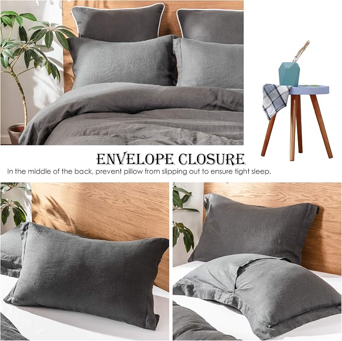 Simple&Opulence 100% Linen Duvet Cover Set 3pcs Basic Style Natural French Washed Flax Solid Color Soft Breathable Farmhouse Bedding with Button Closure - Dark Grey, Full