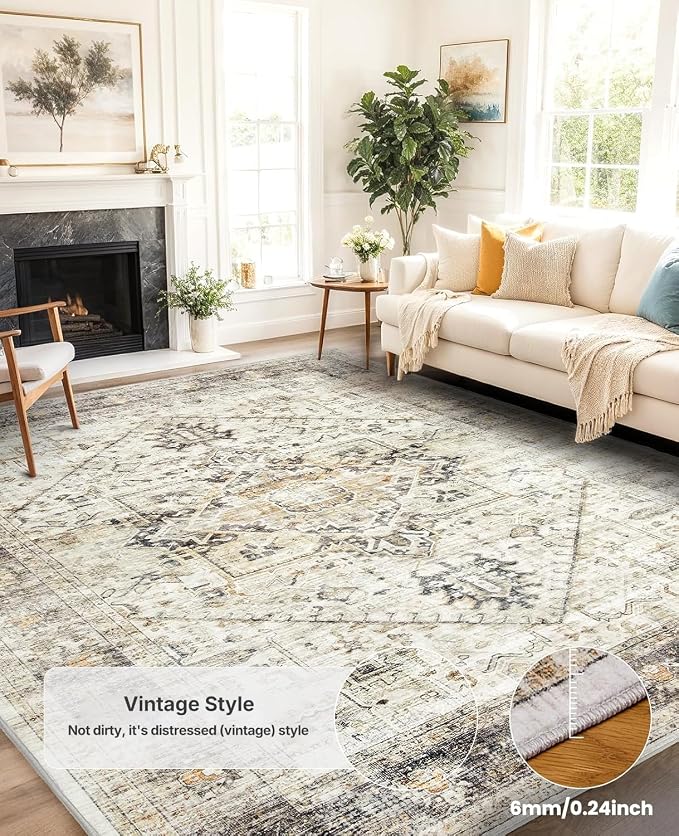 AMADA HOMEFURNISHING Washable Area Rug, Low-Profile Large Area Rug with Non-Slip Backing & Durable Edge Binding, Vintage Large Rugs for Living Room, Bedroom, Dinning Room, 8x10, Grey/Beige