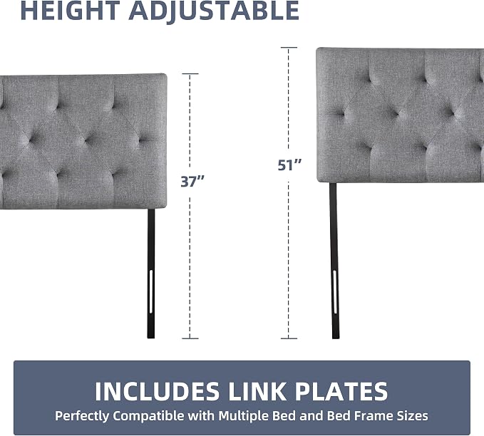 Linen Headboard Full Size, Adjustable Height Headboard 37-51 in, Light Gray | Diamond Tufting Solid Wood Full XL Headboards Only, Durable Metal Legs, Upholstered Full Head Board Bed Frame, Modern Fabric