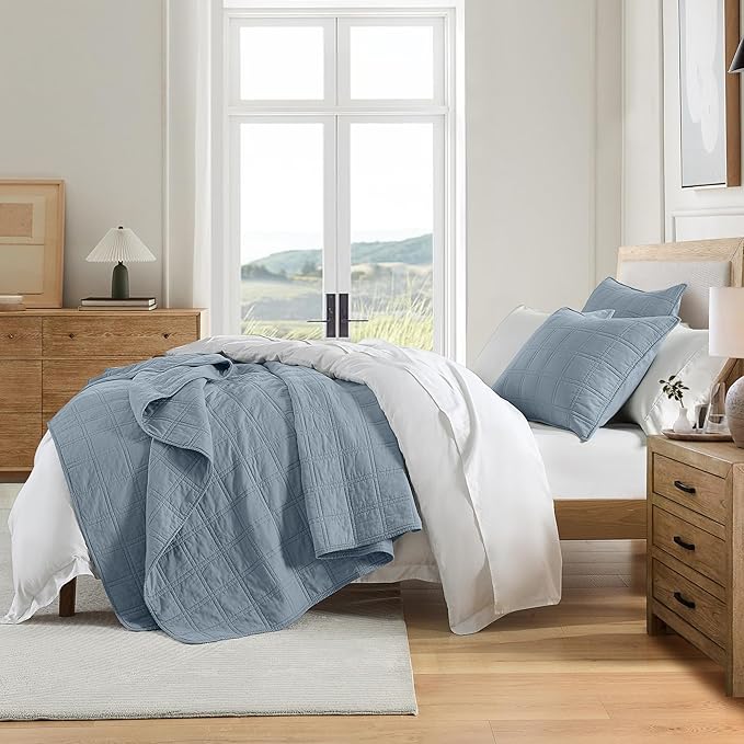 HORIMOTE HOME 100% Cotton Quilt Set King Size, Adriatic Blue Pre-Washed Bedspreads Coverlet Set in Geometric Pattern, Cozy Lightweight Stitching Decorative Bedding Cover with 2 Shams for All Season