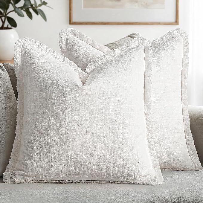 MIULEE Boho Linen Fringe Decorative Throw Pillow Covers White 18x18 | Set of 2, Cottagecore Decor, Boho Farmhouse Neutral Pillow Covers, Rustic Couch Cushion Cases for Sofa Bed Living Room