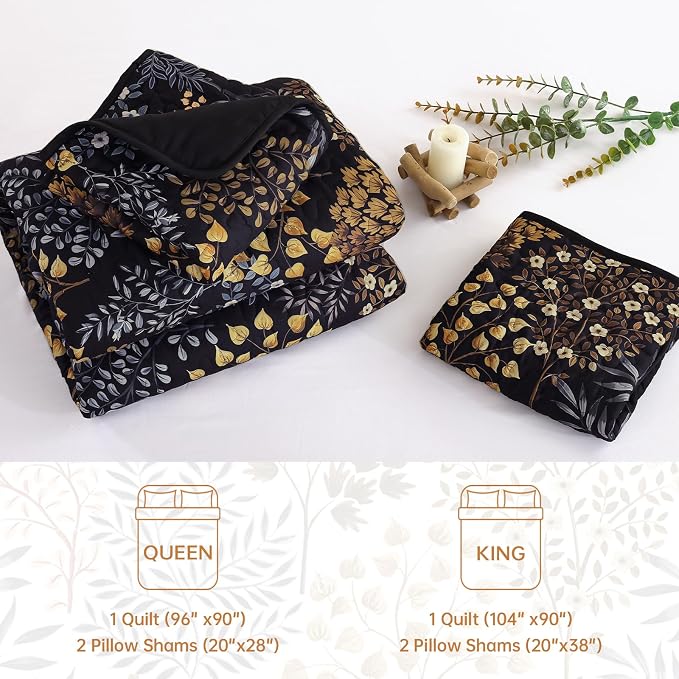 WONGS BEDDINGKing Quilt Set, 3 Pcs Black Brown Floral Bedspread Coverlet | Botanical Print Quilt Set for Spring Summer, Lightweight Microfiber Farmhouse Quilted Bed Cover for Guest Room 110"×90"