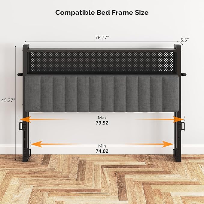 VINGLI King Size Headboard Only, Adjustable Upholstered Headboard with 2 Tier Shelves and Pegboard with Charging Stations and LED Lights, Modern Bed Headboard with Storage for Bedroom Decor