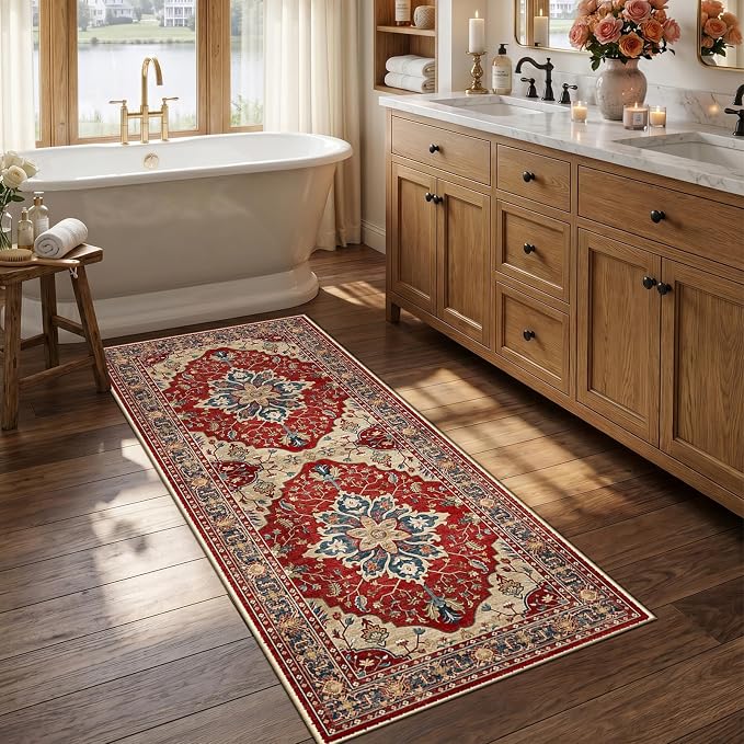 RELEANY Washable Area Rug, Runner 2'6"x5', Red/Blue | Non-Slip, Water Repellent, Pet Friendly, Easy to Clean, Vintage Floral Boho Decor for Kitchen Entry Bedroom Bedside Laundry