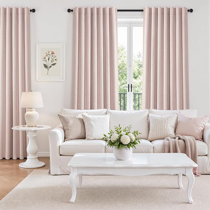 Light Pink Full Blackout Curtains Linen Blended Room Darkening Curtain Panels 84 inch for Living Room Kid Girl's Bedroom Thermal Insulated Pleat Back Tab Drapes with Hooks Rings 52Wx84L 2 Panels