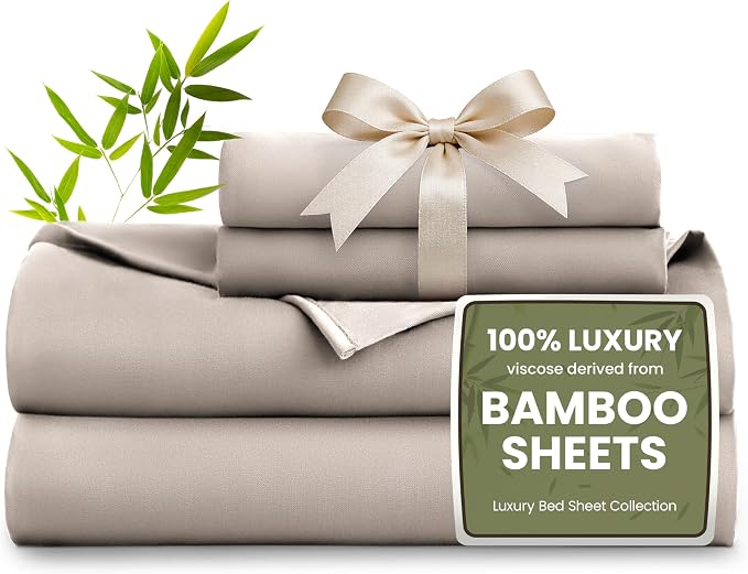 Love's cabin 3 Piece Twin Sheet Set, 100% Rayon Derived from Bamboo, Cooling & Breathable, Soft Silky Deep Pocket up to 16", Hotel Luxury Bedding for Hot Sleepers, Light Tan