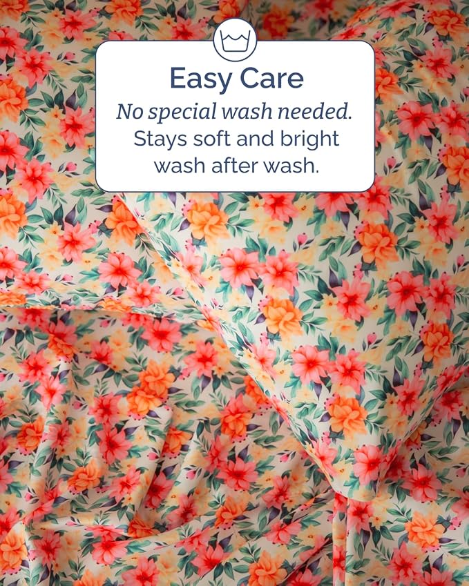 Full 4 Piece Floral Sheet Set - Breathable & Cooling - Sunset Hibiscus | 1 Flat, 1 Fitted & 2 Pillowcases w/ Deep Pockets, Boho Botanical Floral Bedding, Breathable & Cooling, Wrinkle & Fade Free