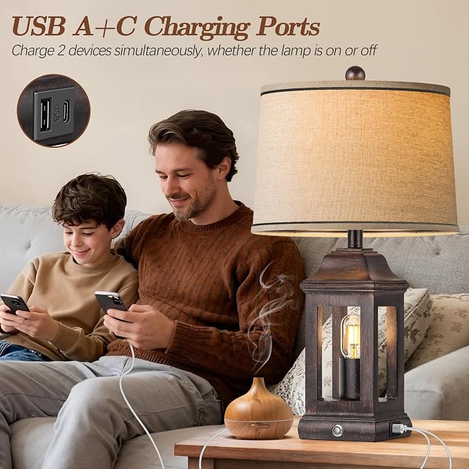 24" Rustic Farmhouse Table Lamps for Living Room Set of 2, Touch Dimmable Nightlight Vintage Bedside Lamps with USB A+C Ports & Dual Light Sources for Bedroom Nightstand End Table, Antique Black