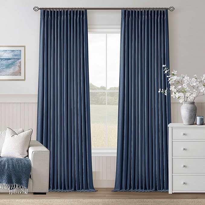 Dark Blue Linen 100% Blackout 120 Inch Curtains for Living Room 2 Panels | Pinch Pleated Back Tab Drapes, Thermal Insulated Full Black Out, W40xL120 Curtains for High Ceiling to Floor, Indigo Navy