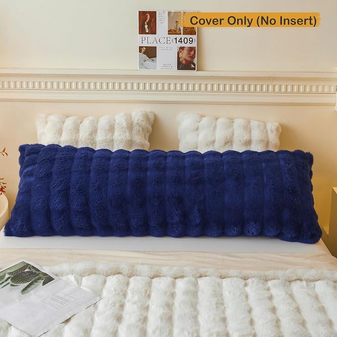 LIFEREVO Fluffy Faux Rabbit Fur Body Pillow Cover 20"x54", Navy Blue | Luxury Bubble Waffle Shaggy Bed Pillowcase with Hidden Zipper, Decorative Royal Long Fuzzy Pillow Case for Adults Kids Girls