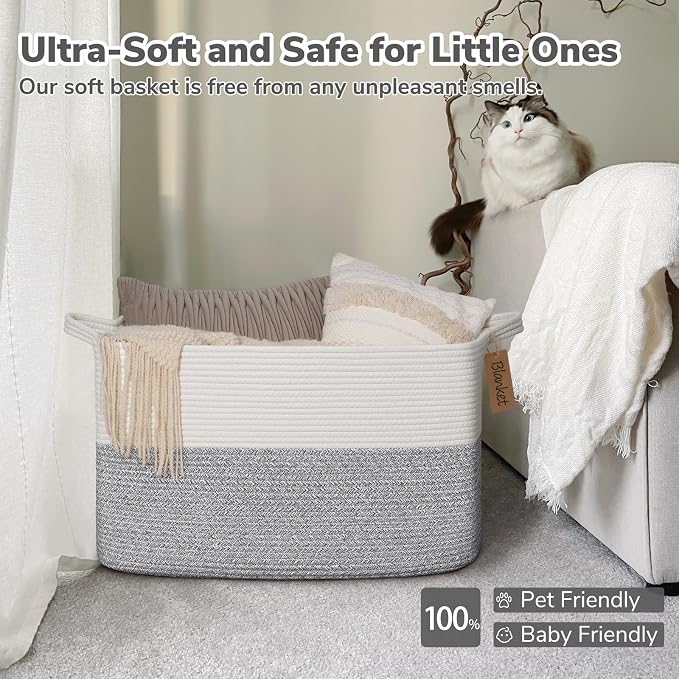 Goodpick 75L Extra Large Woven Rope Blanket Basket, Rectangle, Light Gray | 22" × 17" × 12" Decorative Storage Basket for Pillows & Clothes, Fits Bedroom & Nursery Organization, Reinforced Handles