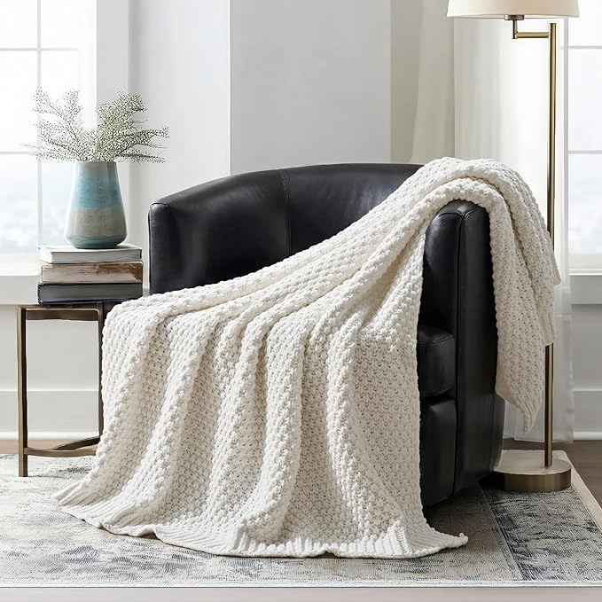 EVERGRACEHOME Chunky Chenille Knit Throw Blanket, 60 x 80, Bright White | Sculpted Moss Stitch, Chic Modern Farmhouse, All-Season Warmth, OEKO-TEX® Certified, Elegant Blanket for Couch, Bed, Sofa